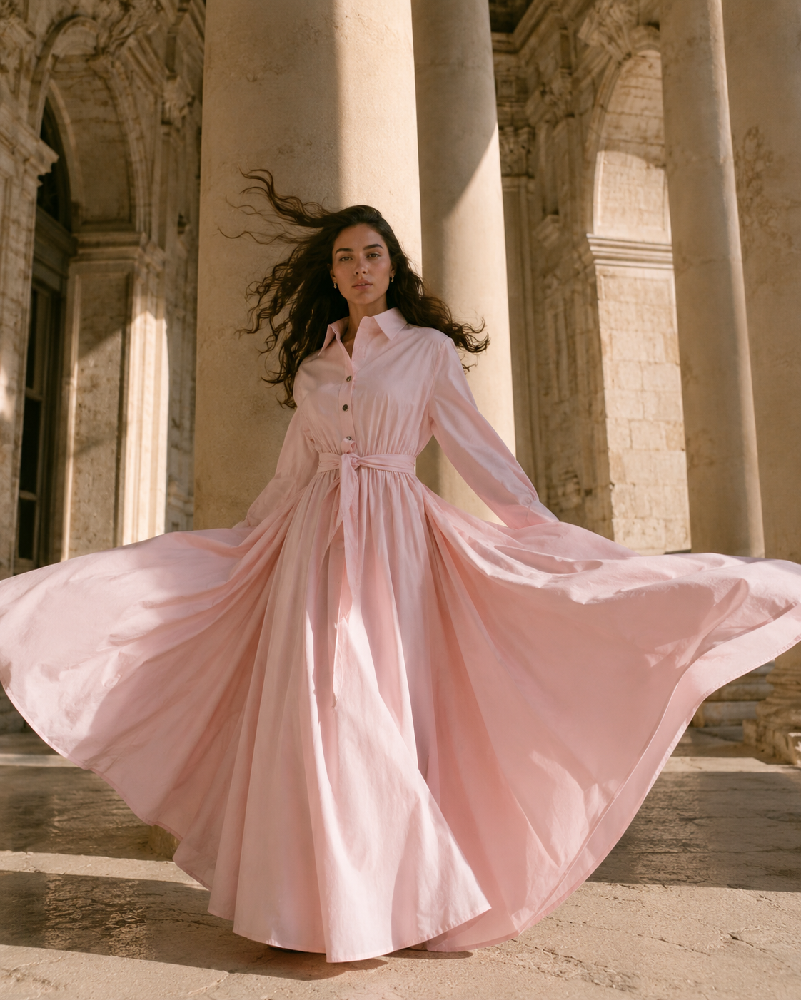 Robe Longue Plissée – Rose Poudré